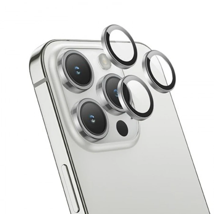 Nevamel HOCO Crystal Clear iPhone 15 Pro-15 Pro Max HD 3D Metal Çerçeveli Kamera Koruyucu Lens-(5775)
