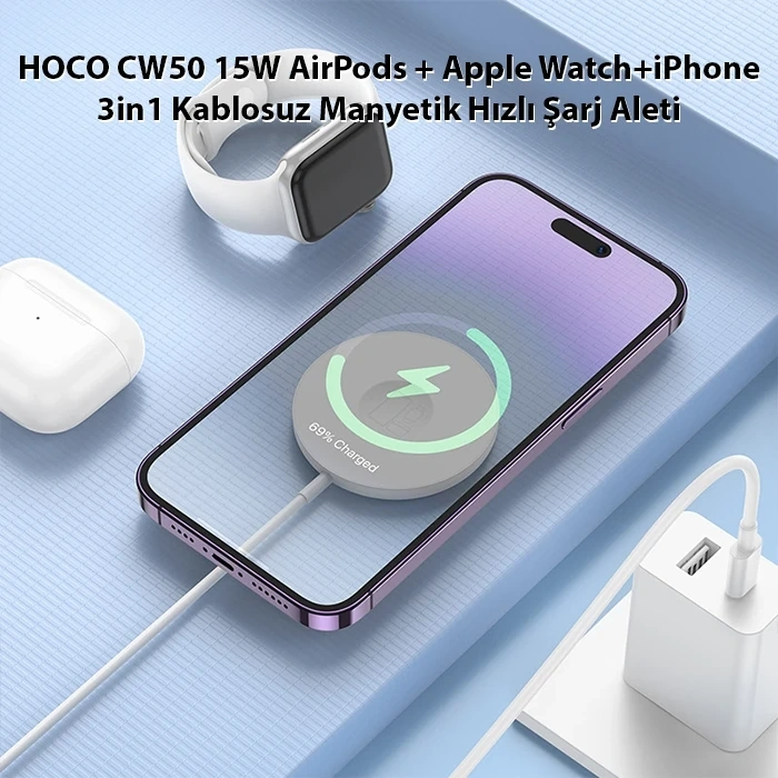 Nevamel HOCO CW50 15W AirPods + Apple Watch+iPhone 3in1 Kablosuz Manyetik Hızlı Şarj Aleti-(5775)