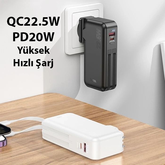 Nevamel Hoco J126 USB-A+Type-C Çıkışlı Type-c+Lightning Kablolu 10000mAh Powerbank Şarj Aleti-(5775)