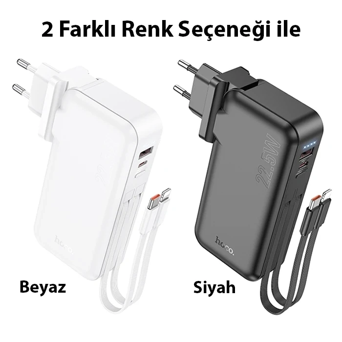 Nevamel Hoco J126 USB-A+Type-C Çıkışlı Type-c+Lightning Kablolu 10000mAh Powerbank Şarj Aleti-(5775)
