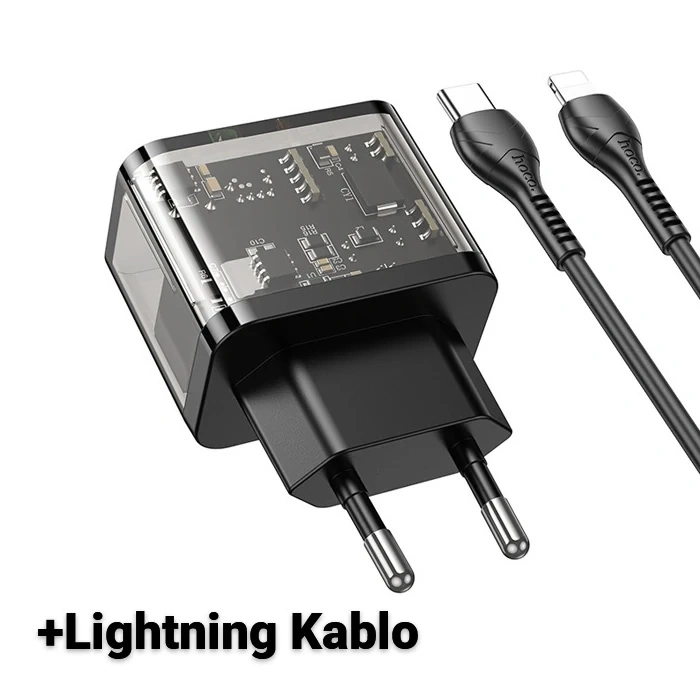 Nevamel HOCO N34 PD20W USB+Type-C + iPhone Lightning Kablo Hızlı Şarj Adaptör Seti-(5775)