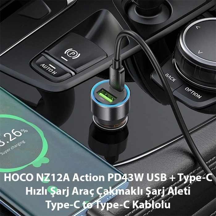 Nevamel HOCO NZ12A Action PD43W USB + Type-C Araç Çakmaklık Hızlı Şarj Aleti + Type-C to Type-C Kablo-(5775)