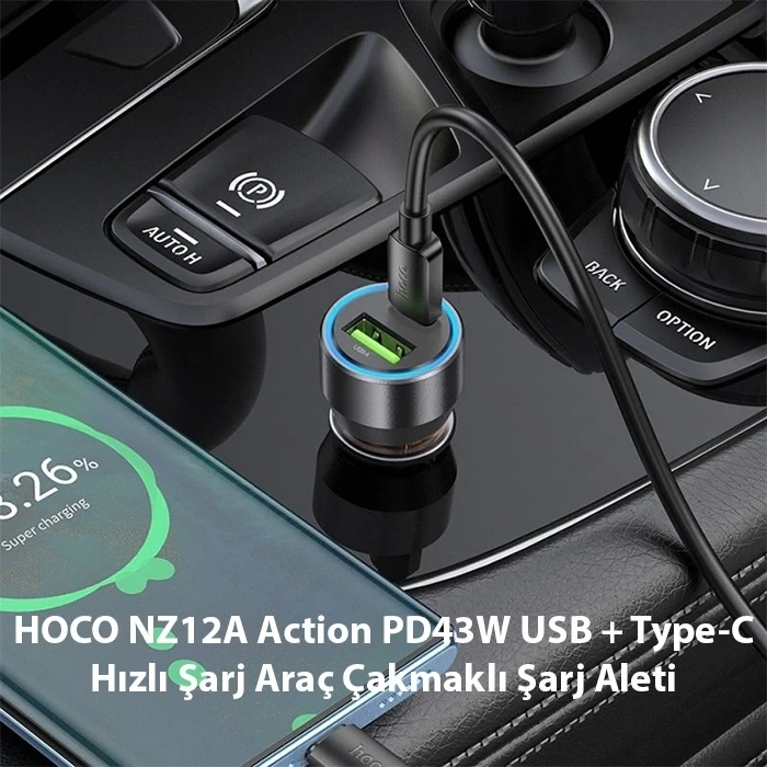 Nevamel HOCO NZ12A Action PD43W USB + Type-C Hızlı Şarj Araç Çakmaklı Şarj Aleti-(5775)