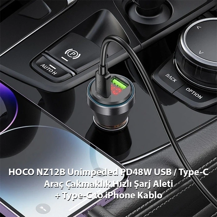 Nevamel HOCO NZ12B Unimpeded PD48W USB + Type-C Araç Çakmaklı Hızlı Şarj Aleti + Type-C to iPhone Kablo-(5775)