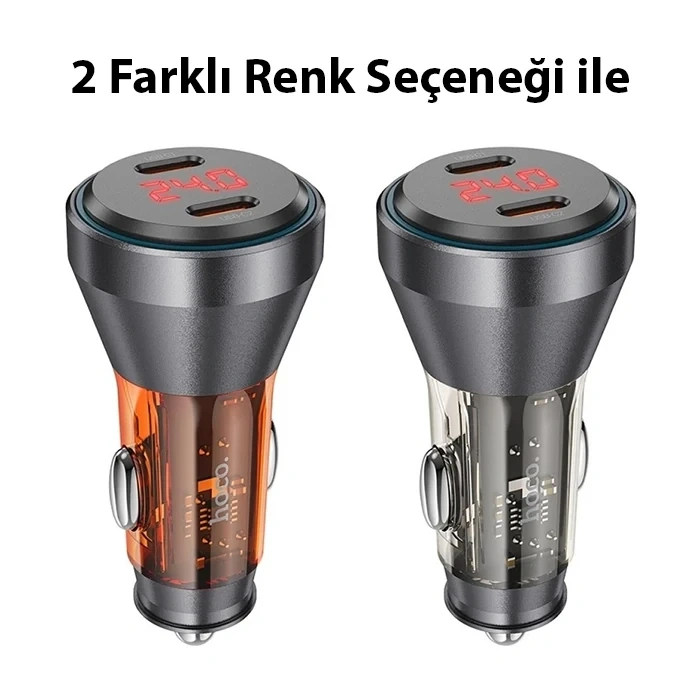 Nevamel HOCO NZ12C Graceful PD60W 2 Type-C Girişli Araç Çakmaklı Hızlı Şarj Aleti-(5775)