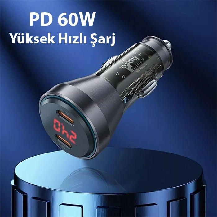 Nevamel HOCO NZ12C Graceful PD60W 2 Type-C Girişli Araç Çakmaklı Hızlı Şarj Aleti + Type-C to iPhone Kablo-(5775)