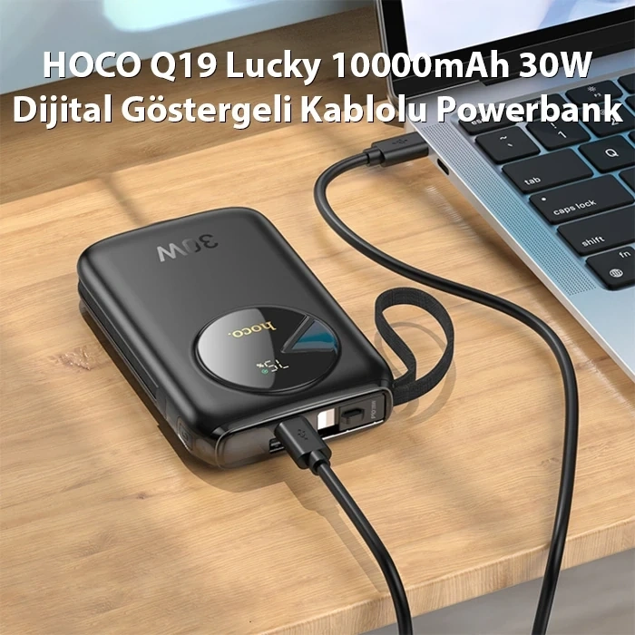 Nevamel HOCO Q19 Lucky 10000mAh 30W Dijital Göstergeli Kablolu Powerbank-(5775)