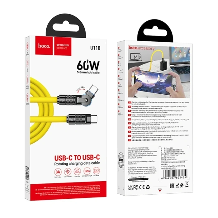 Nevamel HOCO U118 Döner Başlıklı Type-C to Type-C 60W Hızlı Şarj ve Veri Kablosu-(5775)