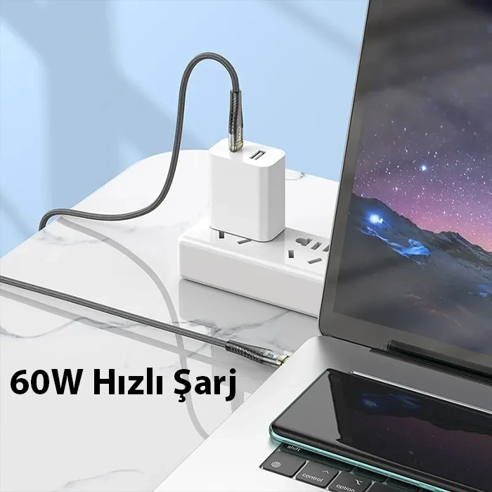 Nevamel HOCO U121 Gold standard Transparent Discovery Edition 60W Type-C to Type-C Hızlı Şarj ve Data Kablos-(5775)