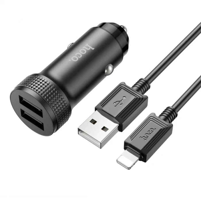 Nevamel HOCO Z49 Çift USB Girişli Araç Şarj Başlık + USB To iPhone Lightning Kablo-(5775)