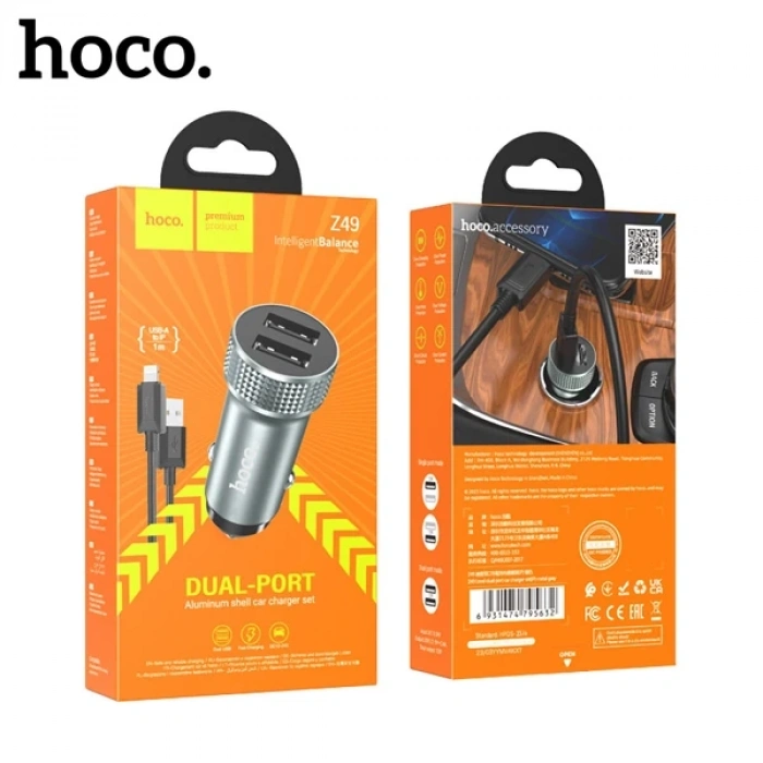 Nevamel HOCO Z49 Çift USB Girişli Araç Şarj Başlık + USB To iPhone Lightning Kablo-(5775)