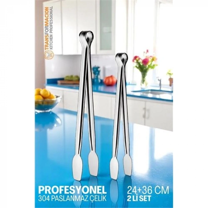 Nevamel® HSNET 2 Boy Mutfak Maşası - Mangal Barbekü Maşası - Izgara Maşası Tava Maşası Çelik  18 ve 36 Cm