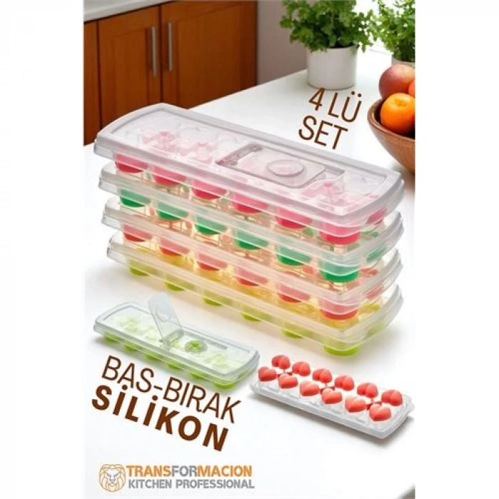 Nevamel® HSNET Buz Kalıbı - Bas-Bırak Kapaklı Silikon Buz Kalıbı 4 lü SET
