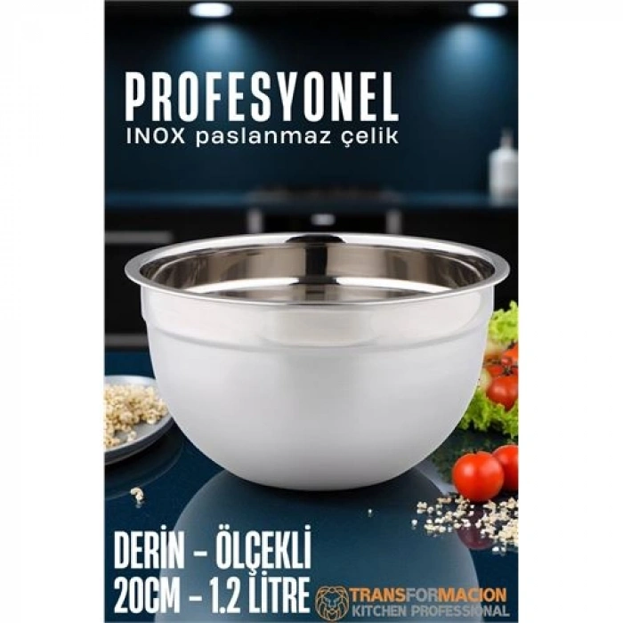 Nevamel® HSNET Inox Ölçekli Derin Kase  - 20 Cm 1.2 Litre Karıştırma Kabı Profesyonel 304 Paslanmaz Çelik