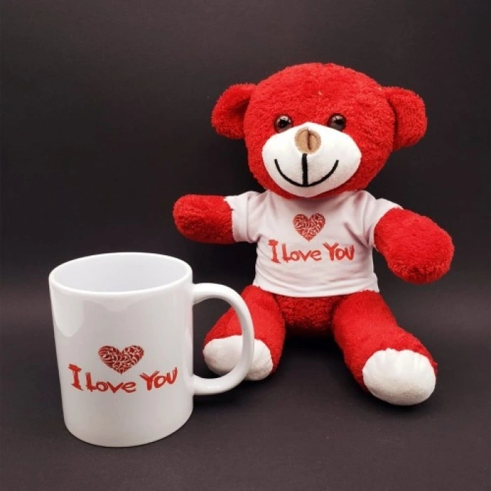 Nevamel  I Love You Baskılı Kupa ve Kırmızı Ayıcık Seti
