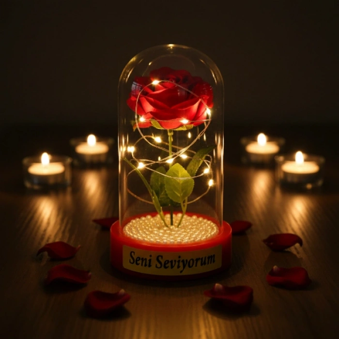 Nevamel® İncili Ledli Gül Fanus