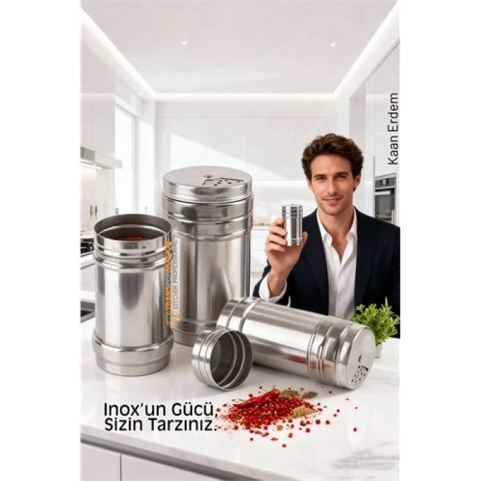 Nevamel® Inox 3’lü Baharatlık Seti - Ayarlanabilir Başlıklı Gurme Serisi 304 Paslanmaz Çelik