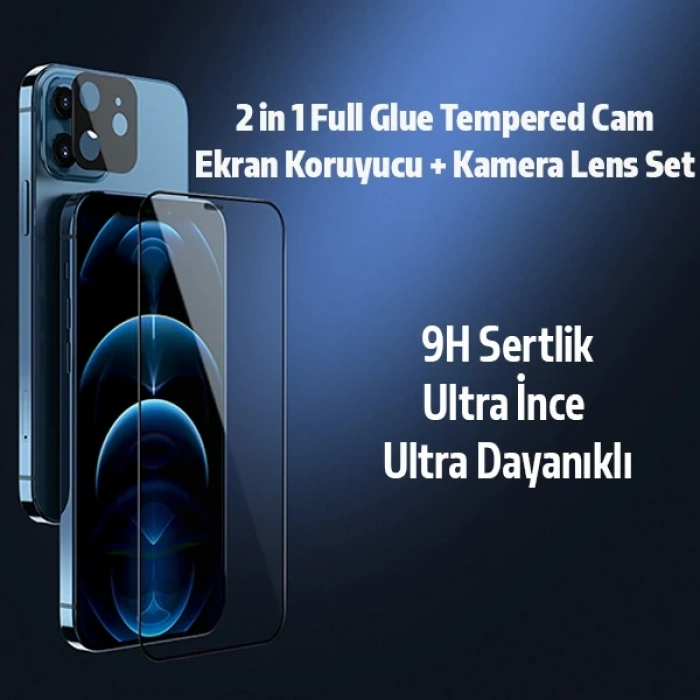 Nevamel İPhone 12 Mini  2İN1 Full Glue Tempered Cam Ekran Koruyucu +Kamera Lens Set-(5775)