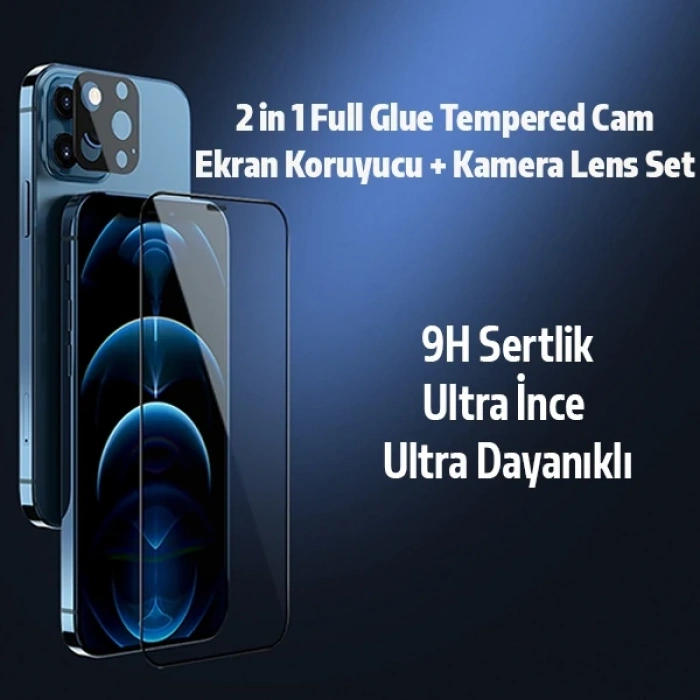 Nevamel İPhone 12 Pro Max 2İN1 Full Glue Tempered Cam Ekran Koruyucu +Kamera Lens Set-(5775)