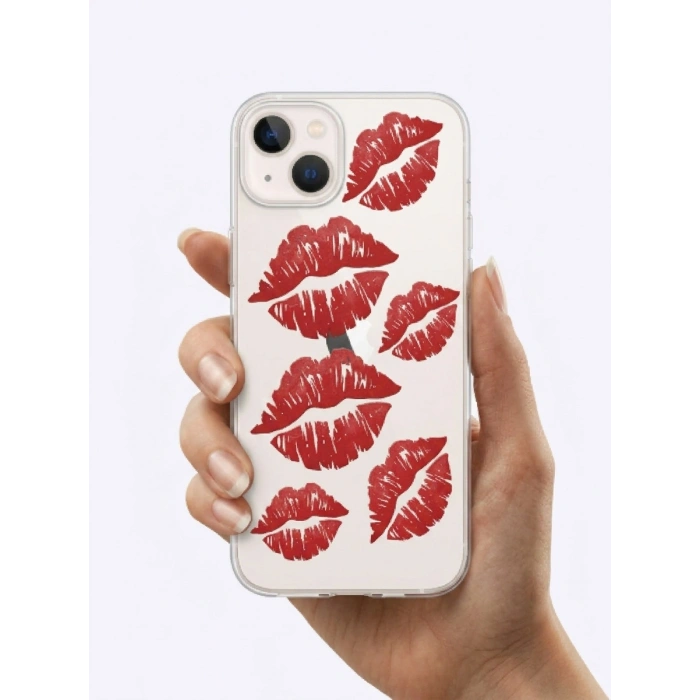 Nevamel® İphone 13 Kırmızı Dudak / Öpücük Desenli Şeffaf Telefon Kılıfı