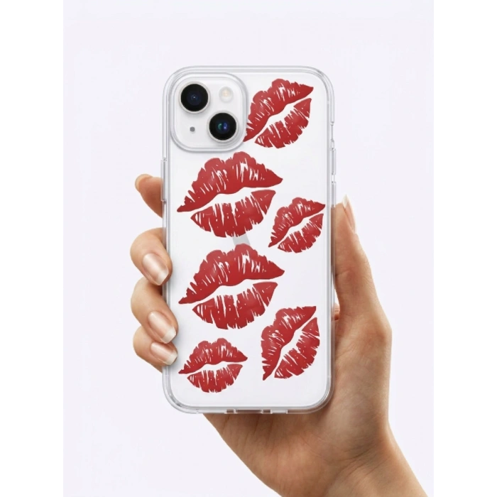 Nevamel® İphone 14 Kırmızı Dudak / Öpücük Desenli Şeffaf Telefon Kılıfı