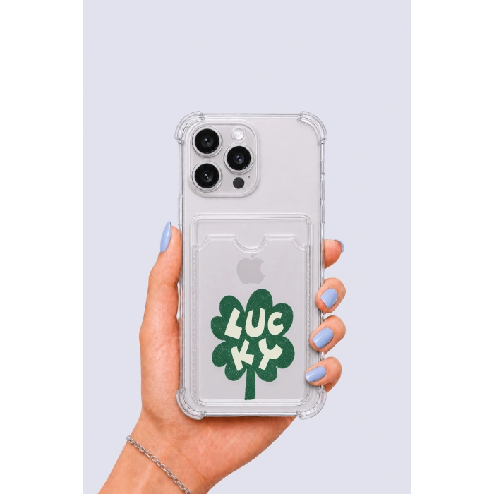 Nevamel® iPhone 14 Pro Max Kartlıklı Lucky Yonca Desenli Kılıf