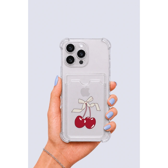 Nevamel® iPhone 15 Pro Max Kartlıklı Kiraz Desenli Kılıf