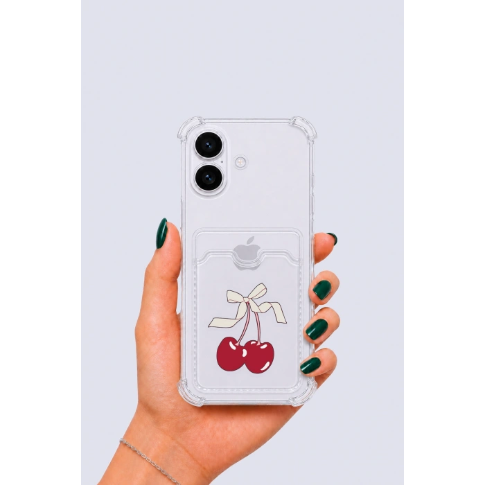 Nevamel® iPhone 16 Kartlıklı Kiraz Desenli Kılıf
