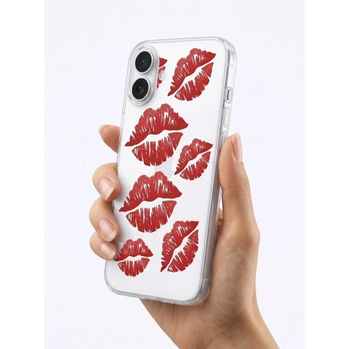Nevamel® İphone 16 Kırmızı Dudak / Öpücük Desenli Şeffaf Telefon Kılıfı