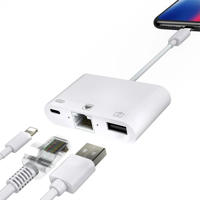 Nevamel İPhone/İPad 3İN1 Ethernet RJ45 Ve Usb Kamera Adaptörü NK107-(5775)