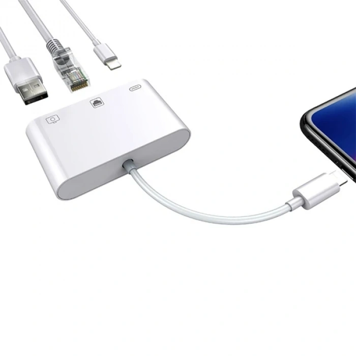 Nevamel İPhone/İPad 3İN1 Ethernet RJ45 Ve Usb Kamera Adaptörü NK107-(5775)