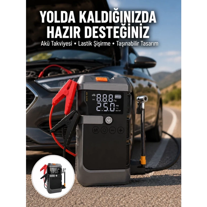 Nevamel® Işıklı Hava Kompresörlü Taşınabilir Akü Takviye Ünitesi Yeni Nesil