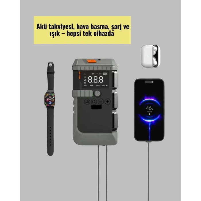 Nevamel® Işıklı Hava Kompresörlü Taşınabilir Akü Takviye Ünitesi Yeni Nesil