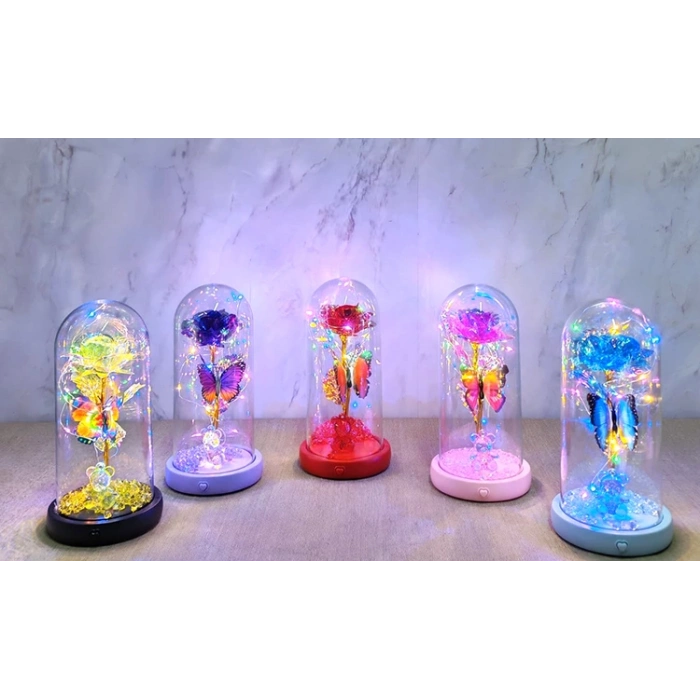 Nevamel® Işıklı Müzikli Romantik Kelebekli Fanus içinde Gül