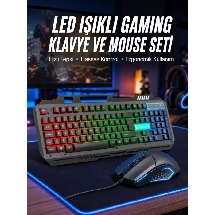Nevamel® Işıklı Oyuncu Q Klavye Mouse Seti Siyah Gaming Oyuncu Klavye Yeni Nesil