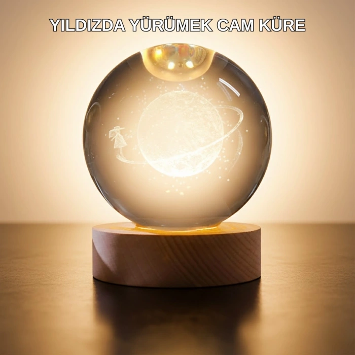 Nevamel® Işıklı Sarı Cam Küre ve Kız Figürü Ahşap Standlı Dekoratif Lamba