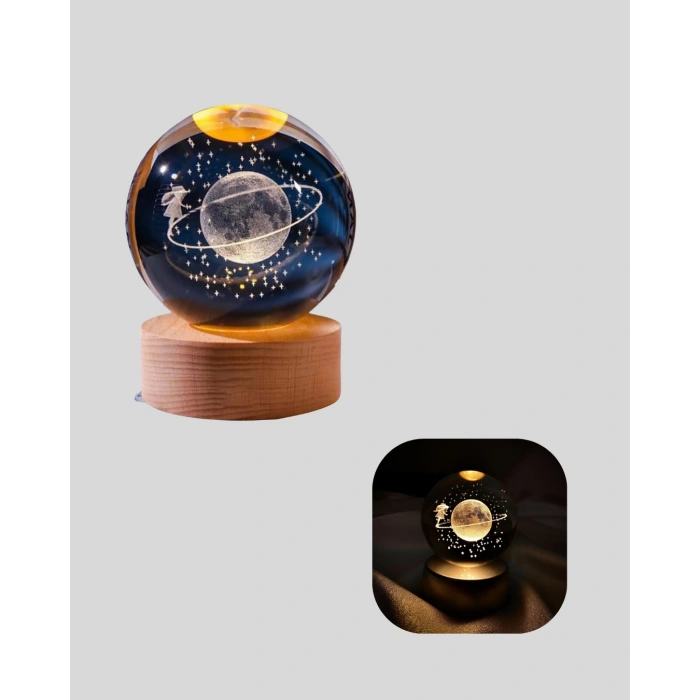 Nevamel® Işıklı Sarı Cam Küre ve Kız Figürü Ahşap Standlı Dekoratif Lamba