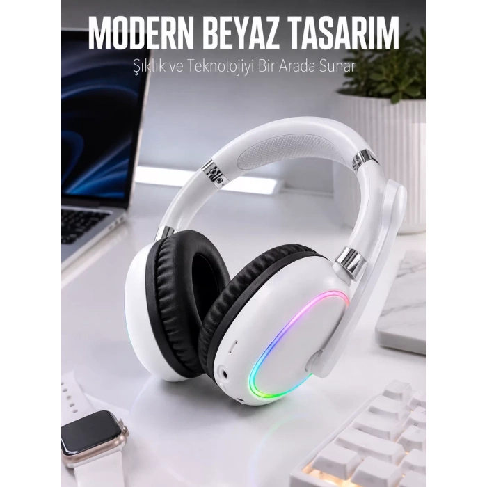 Nevamel® Kablosuz Bluetooth Mikrofonlu Beyaz Kulaklık  RGB Işıklı