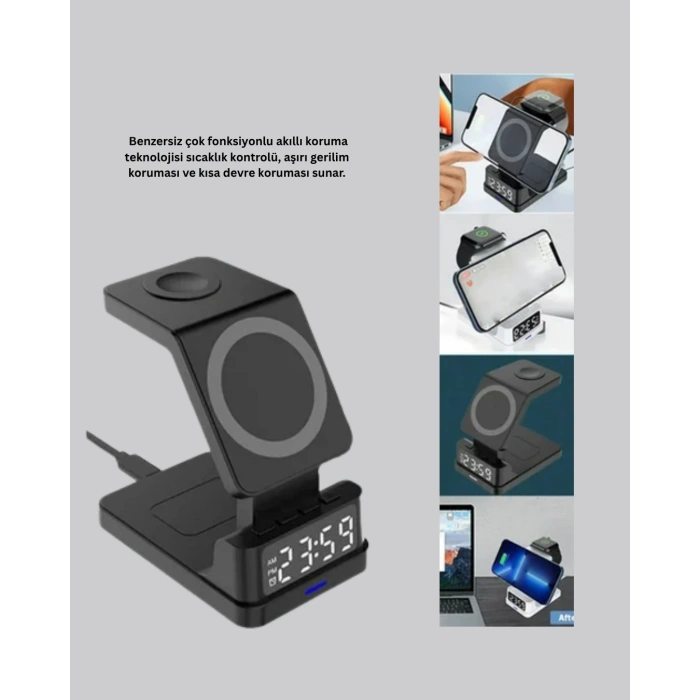 Nevamel® Kablosuz Şarj Cihazı ve Dijital Saat – 4’ü 1 Arada Hızlı Şarj Apple Uyumlu LED Işıklı Tasarım