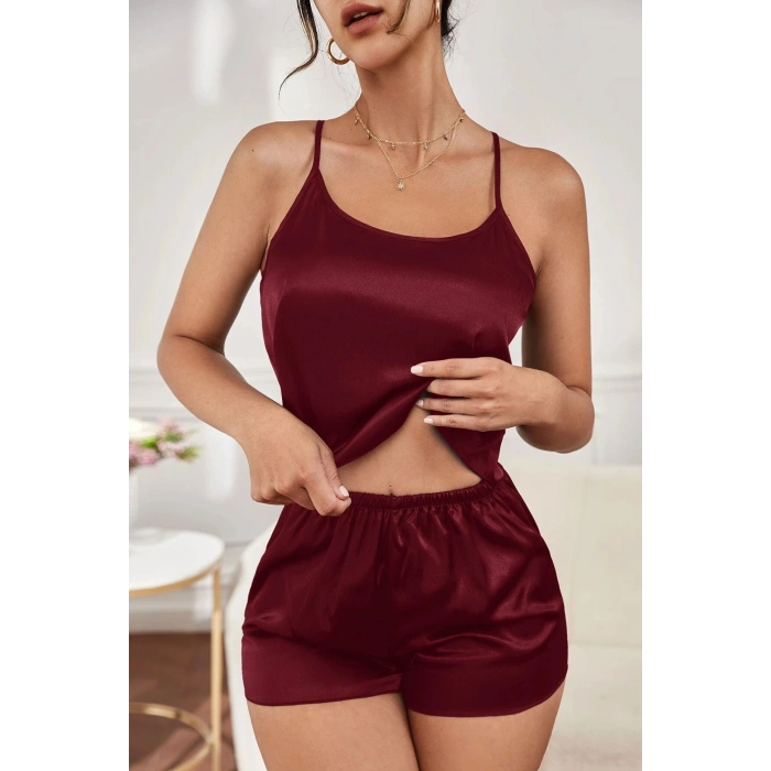 Nevamel® Kadın Bordo Asimetrik Sırt Dekolte Detaylı Şık Şortlu Gecelik Takım