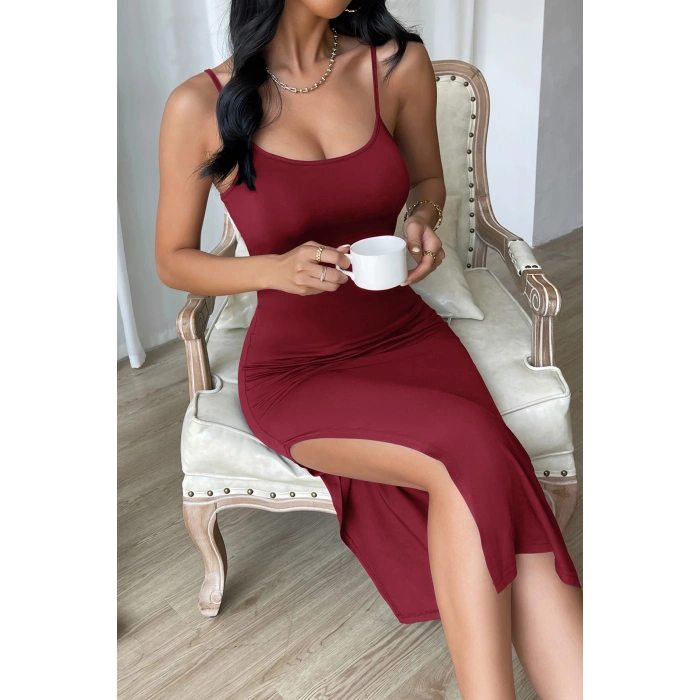 Nevamel® Kadın Bordo Yırtmaçlı Diz Altı Vücüdu Saran Gecelik