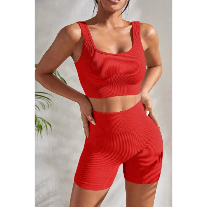 Nevamel® Kadın Kırmızı Kalın Askılı Yüksek Bel Şortlu Gecelik Takımı