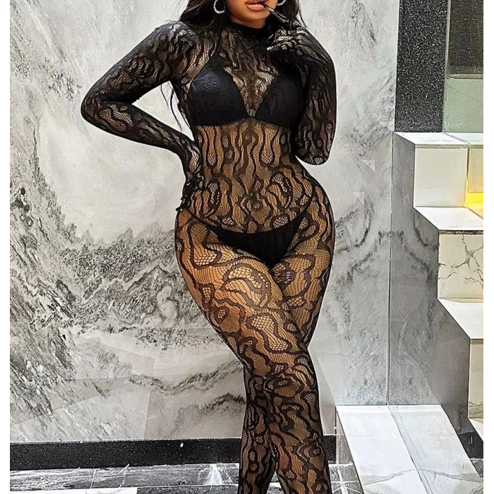 Nevamel® Kadın Seksi Leopar Desenli Transparan File Tulum Uzun Kollu Eldivenli Büyük Beden Vücut Çorabı