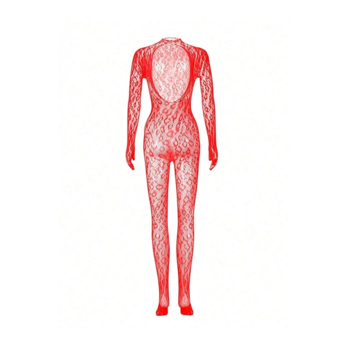 Nevamel® Kadın Seksi Leopar Desenli Transparan File Tulum Uzun Kollu Eldivenli Büyük Beden Vücut Çorabı