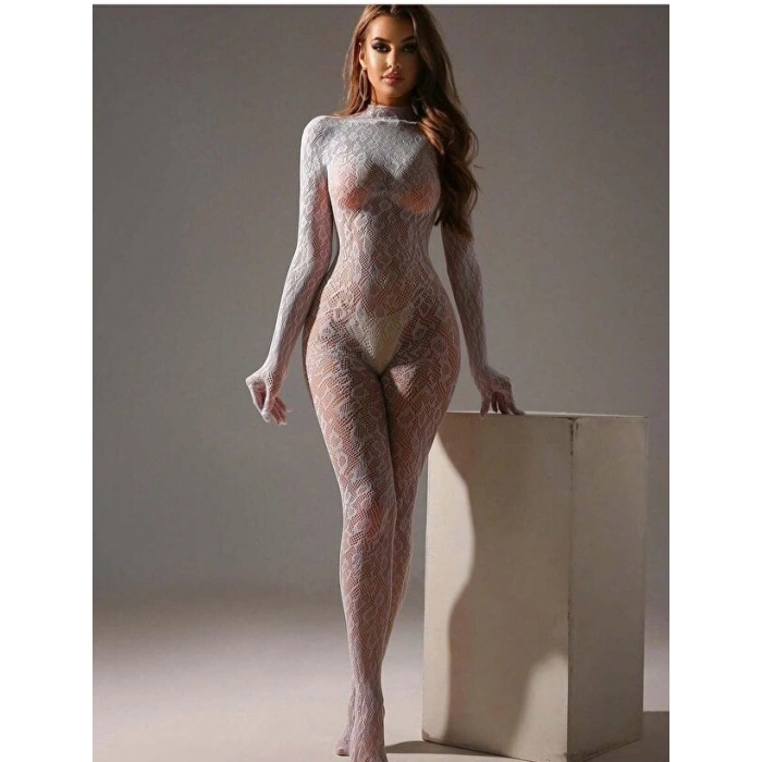 Nevamel® Kadın Seksi Leopar Desenli Transparan File Tulum Uzun Kollu Eldivenli Büyük Beden Vücut Çorabı