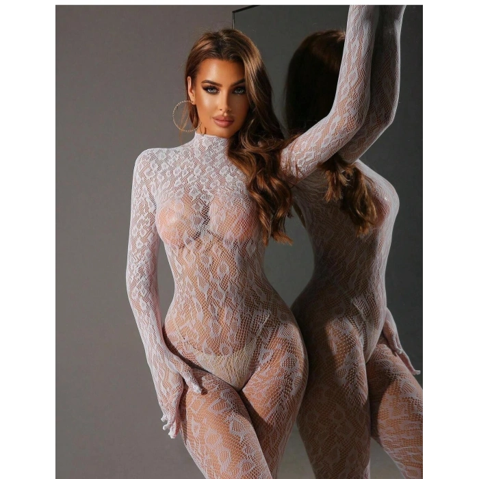 Nevamel® Kadın Seksi Leopar Desenli Transparan File Tulum Uzun Kollu Eldivenli Büyük Beden Vücut Çorabı