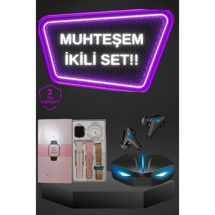 Nevamel® Kadınlar İçin Dokunmatik Ekran Akıllı Saat ve Gamer Kablosuz Bluetooth Kulaklık ANC Özelliği