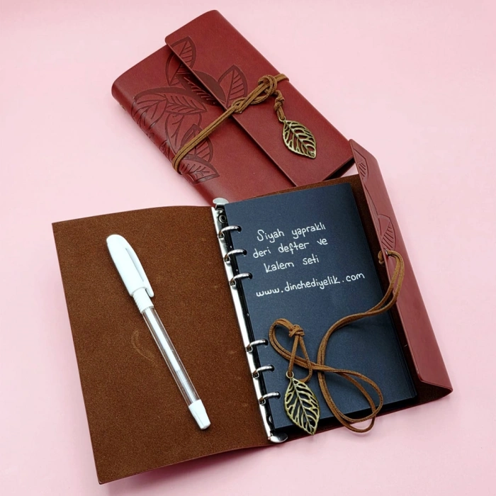 Nevamel® Kahverengi Deri Siyah Yapraklı Defter Ve Beyaz Jel Kalem Seti