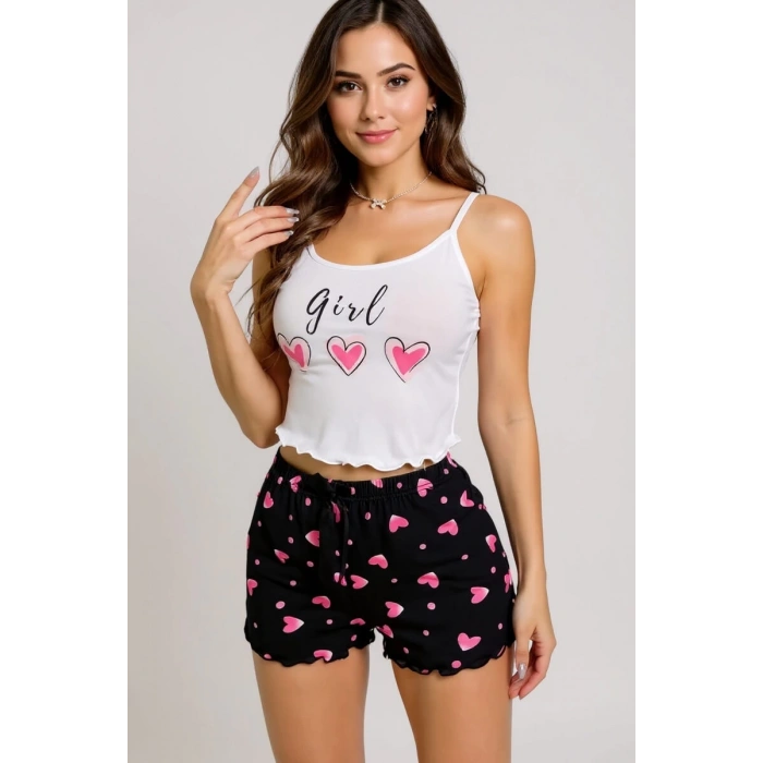 Nevamel® Kalp Desenli Askılı Şortlu Pijama Takımı
