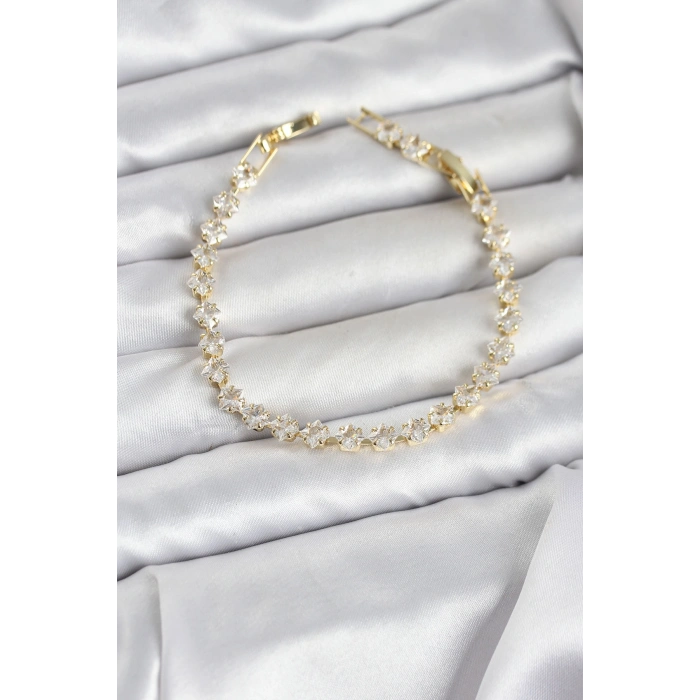 Nevamel® Kare Zirkon Taşlı Gold Renk Pirinç Su Yolu Kadın Bileklik 5886